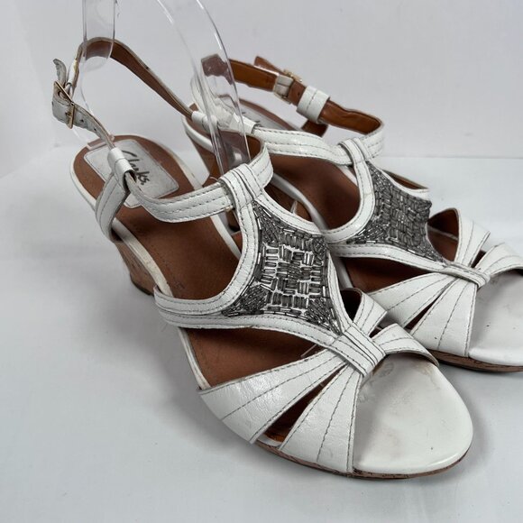Clarks Bendables White Leather Sandals Wedge Cork Heel Open Toe Womens 9 - Picture 11 of 12
